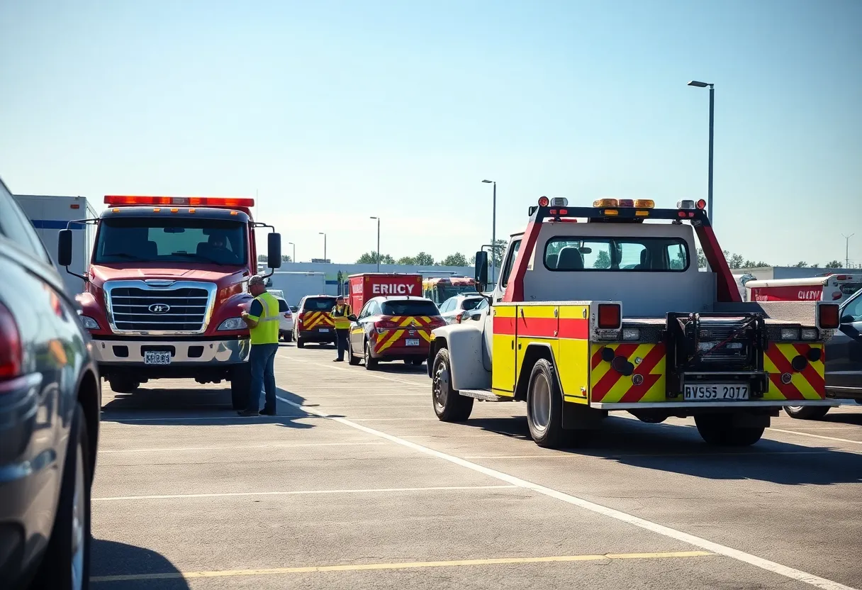 A wrecker vehicle in a parking lot with emergency response signs.