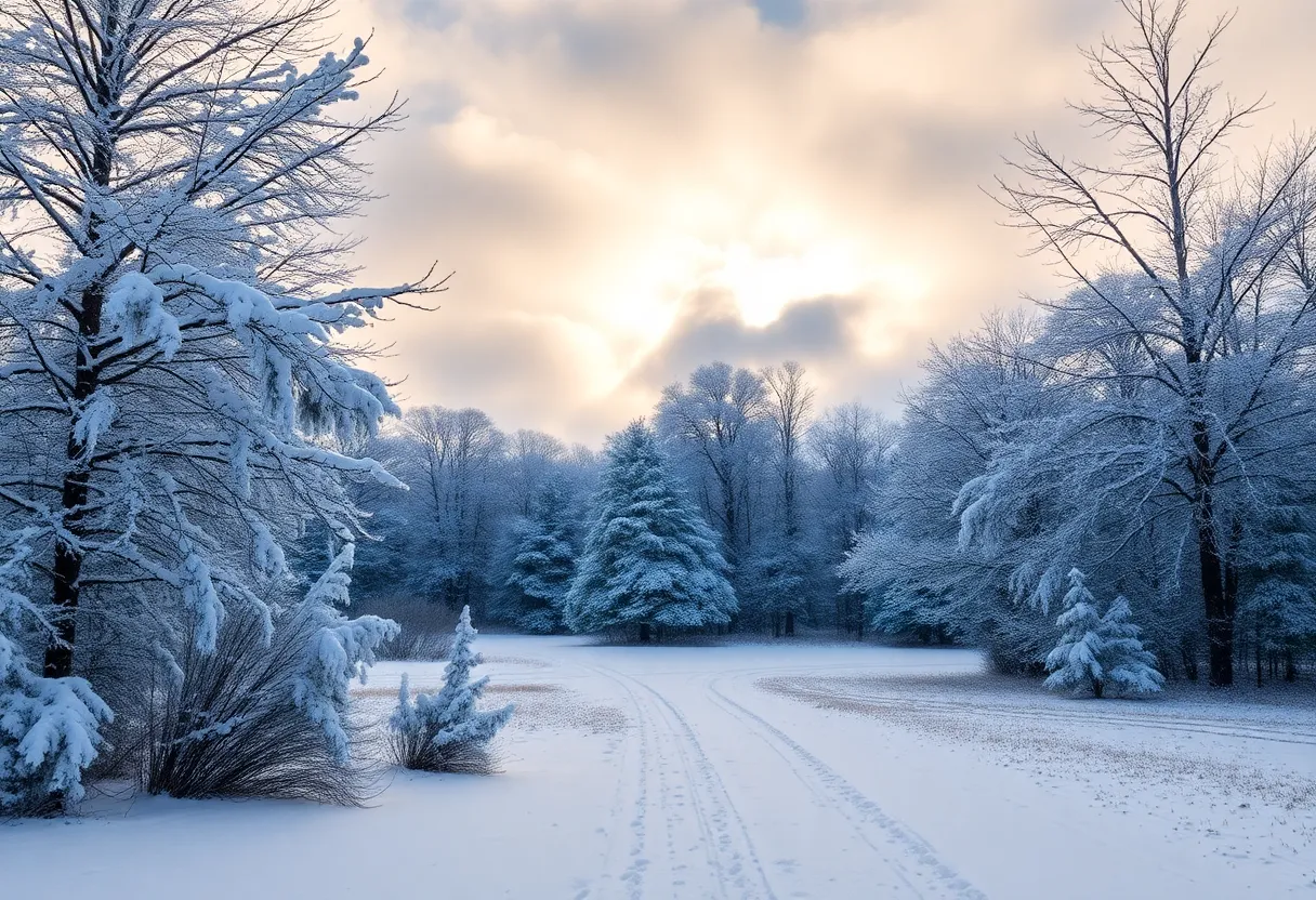 Snow-covered landscape in South Carolina during winter