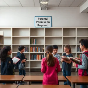 Empty school library with restricted access signs