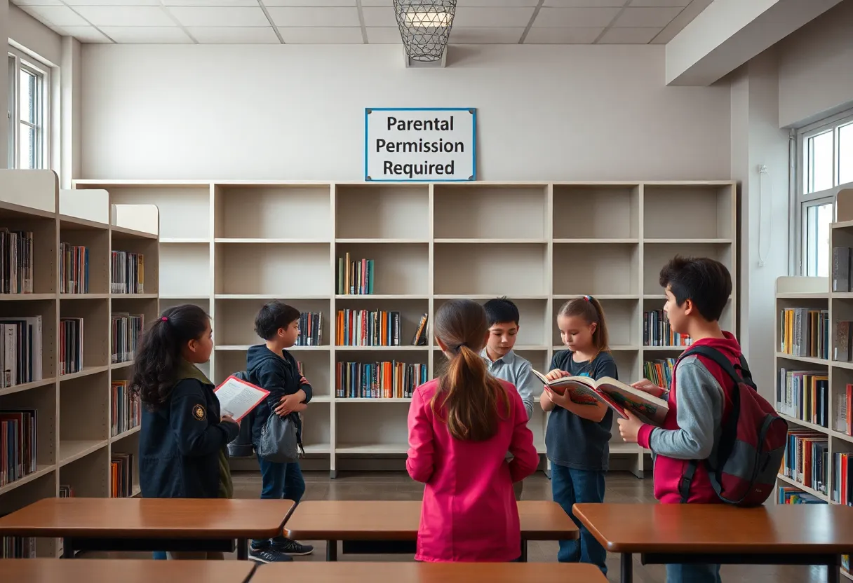 Empty school library with restricted access signs