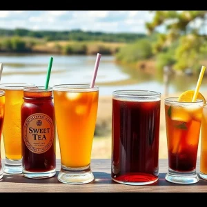 A pitcher of sweet tea with glasses on a table in South Carolina.