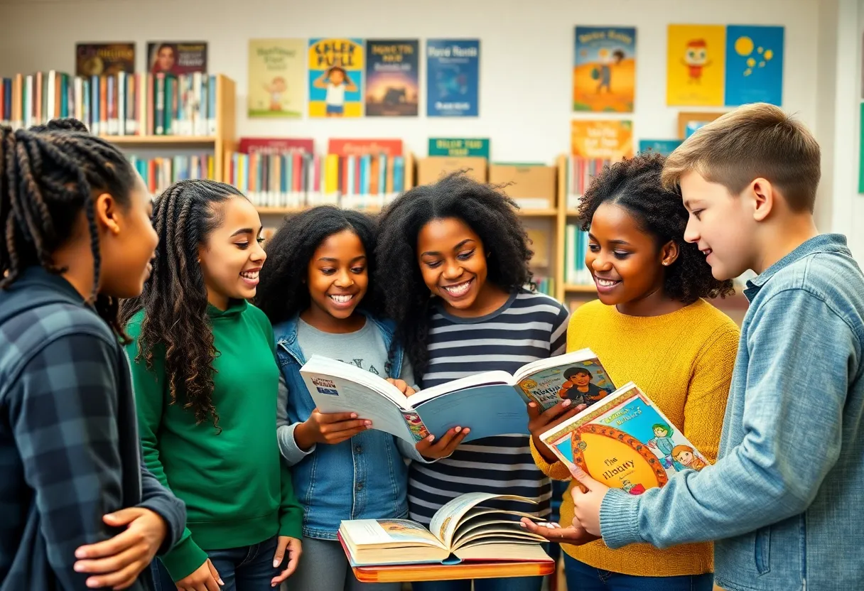 Group of students discussing books and advocating for diverse literature in a school environment