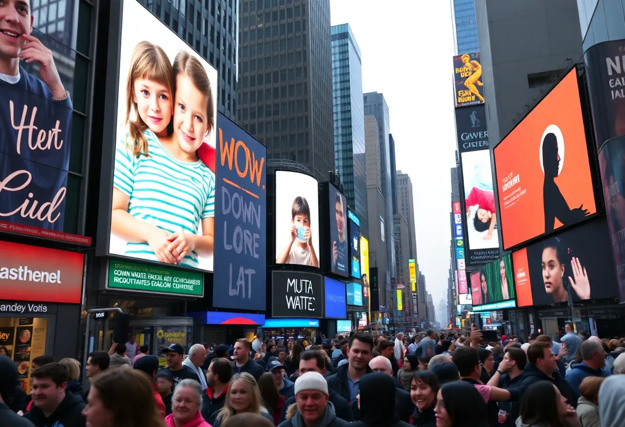 Large screens in Times Square displaying images for Down Syndrome Awareness
