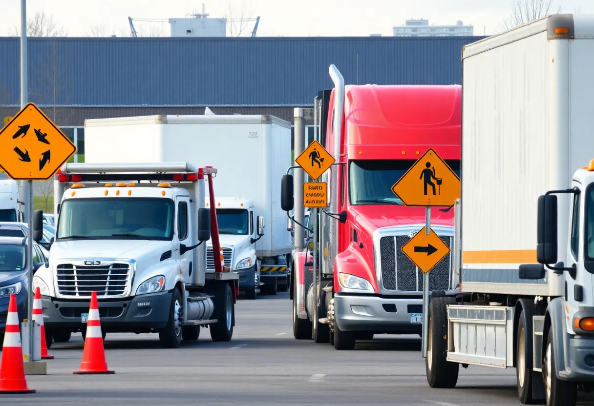 Parking lot with tow trucks and safety cones promoting traffic safety