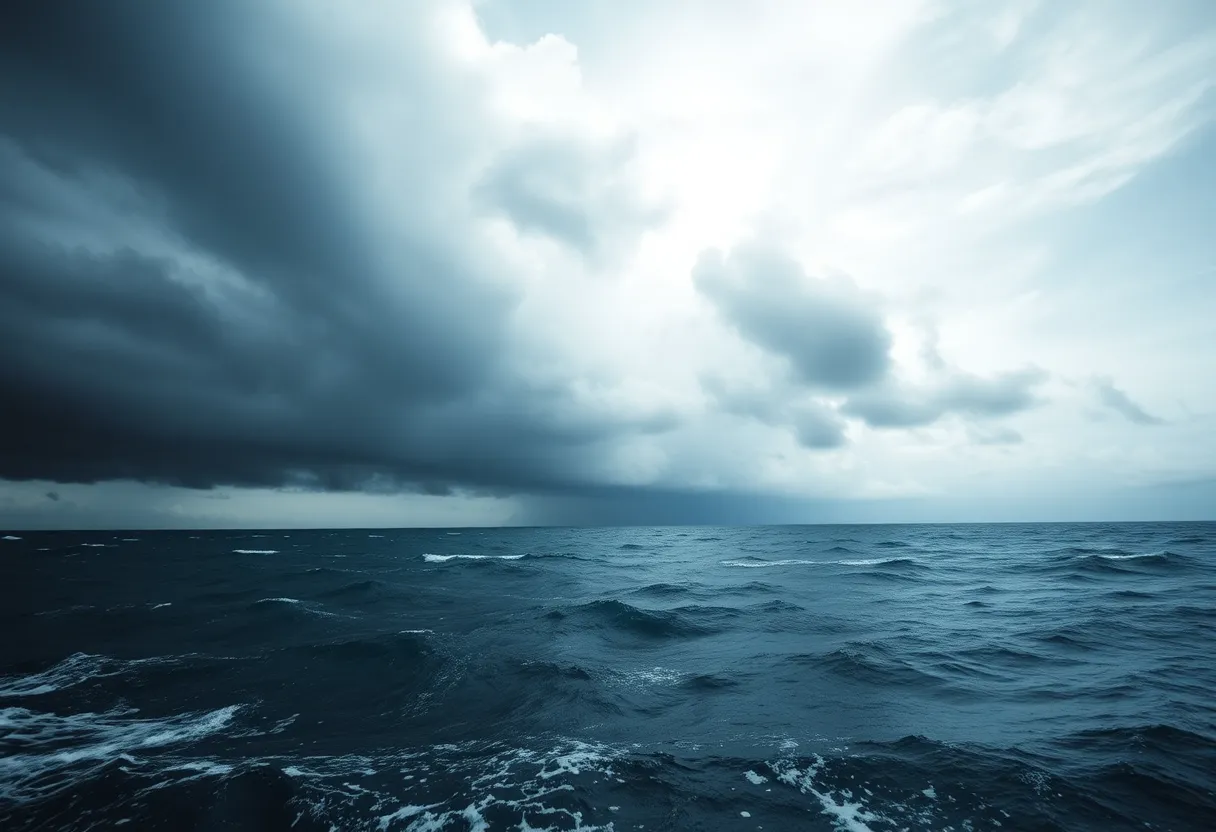 Tropical storm clouds gathering over ocean waters