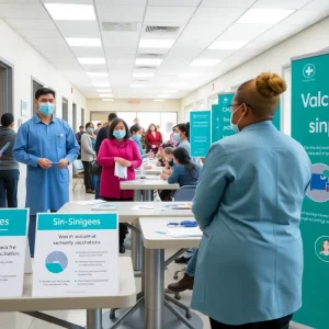 Community vaccination clinic in North Carolina with healthcare workers and patients.