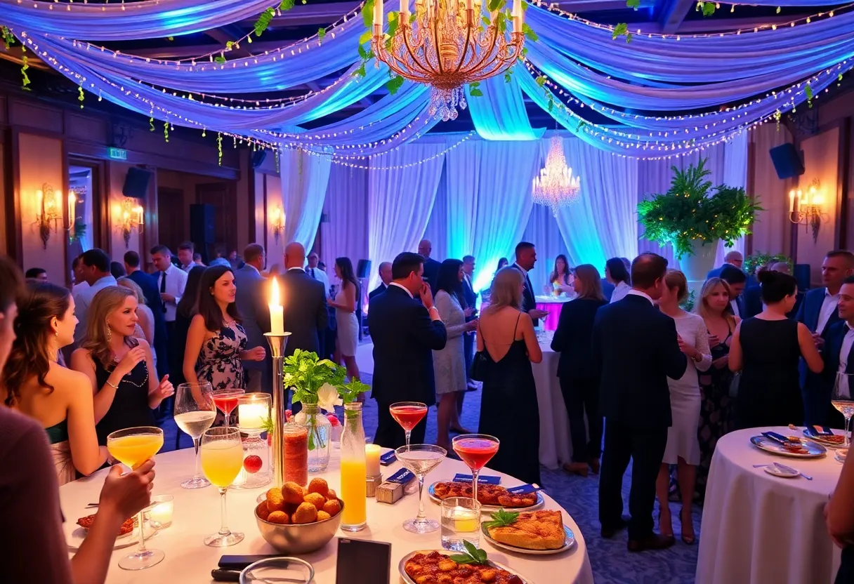 Attendees enjoying the Valentine Ball with an Amalfi Coast theme, surrounded by food stations and festive decor.