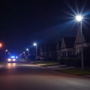 Police lights in a suburban neighborhood