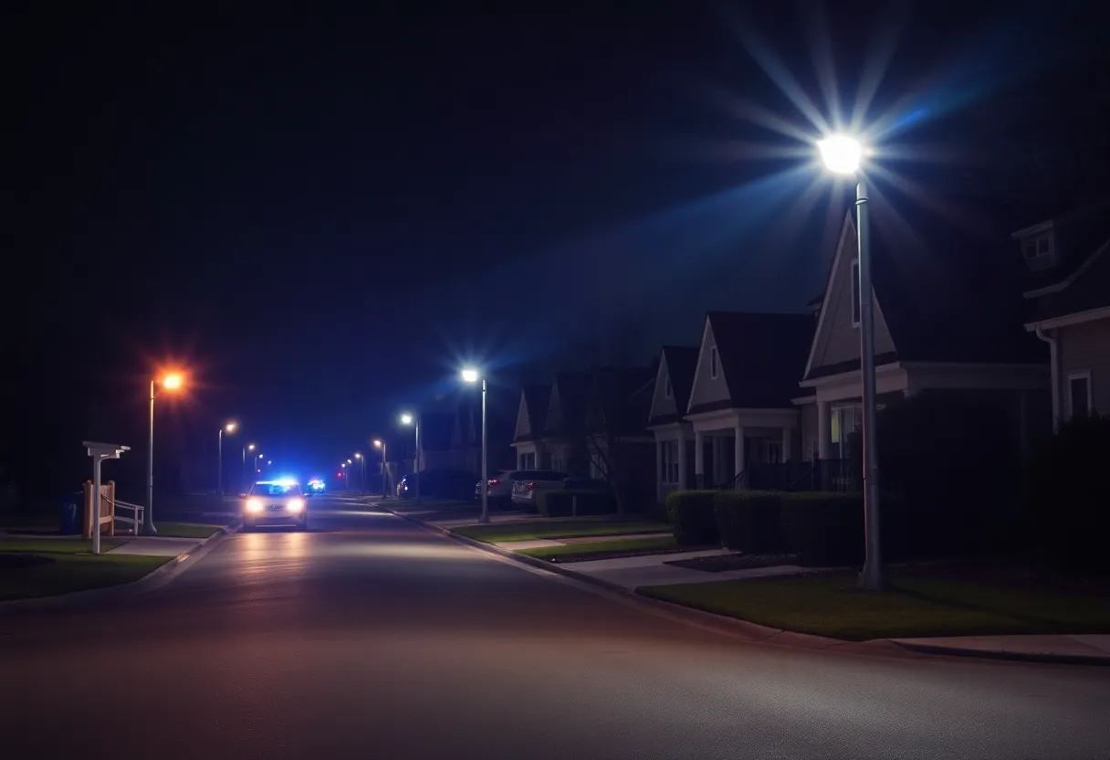 Police lights in a suburban neighborhood