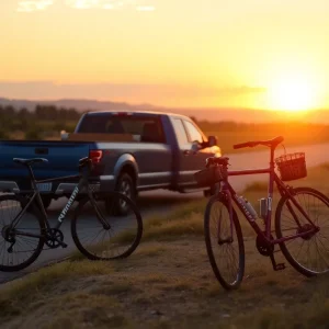Bicycle and blue pickup truck on a roadside at sunset