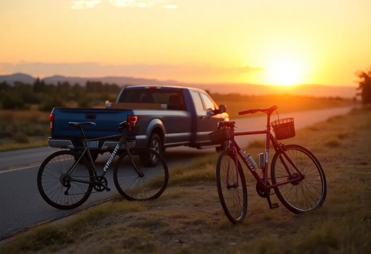Bicycle and blue pickup truck on a roadside at sunset