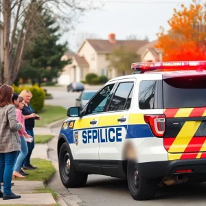 Police vehicle in a neighborhood scene during an investigation.