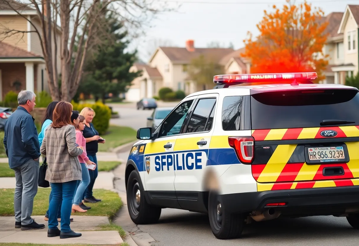 Police vehicle in a neighborhood scene during an investigation.