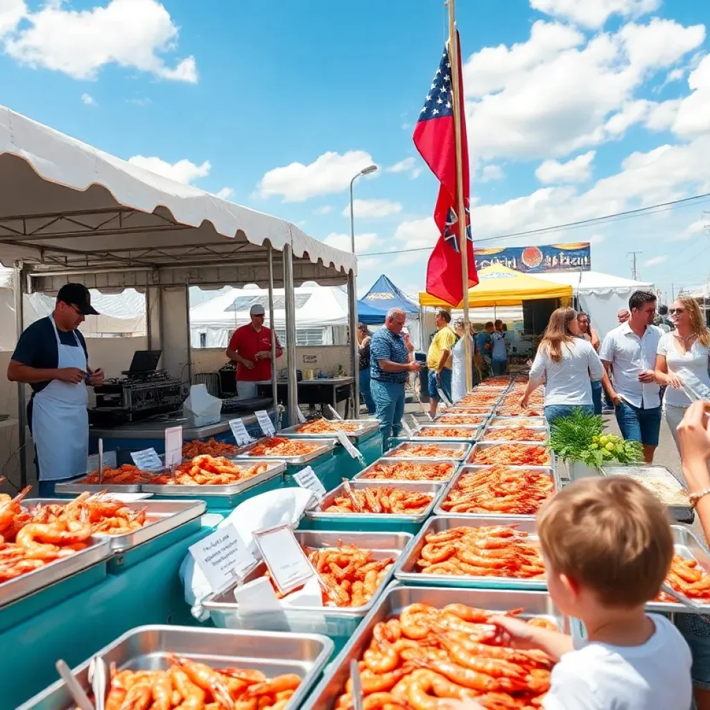 Visitors enjoying the Beaufort Shrimp Festival with local seafood dishes and live music.