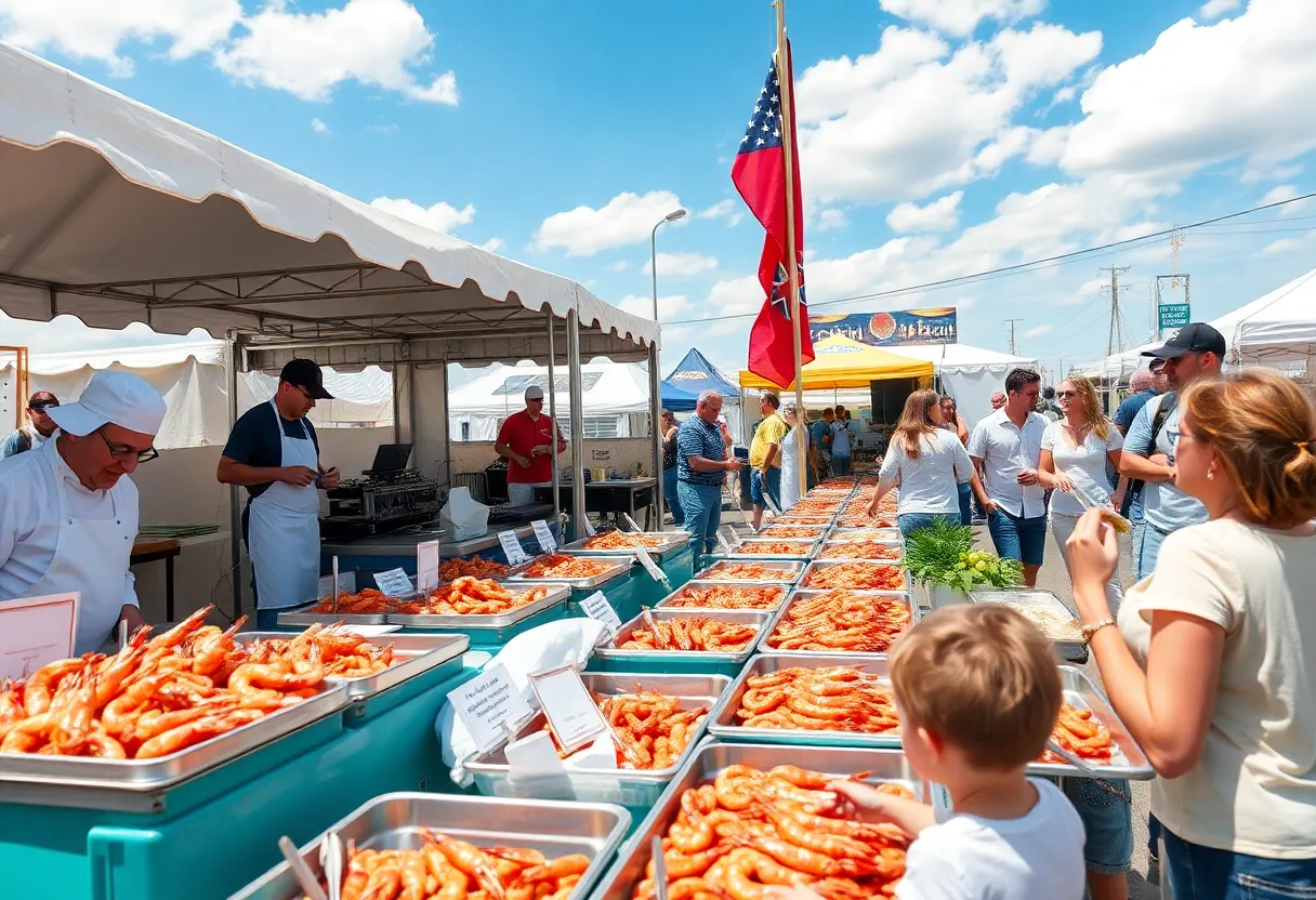 Visitors enjoying the Beaufort Shrimp Festival with local seafood dishes and live music.