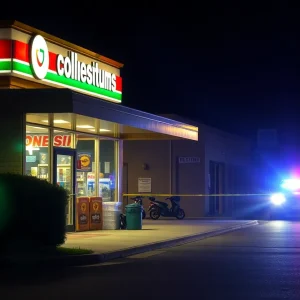Police lights illuminating a Bluffton convenience store after an armed robbery