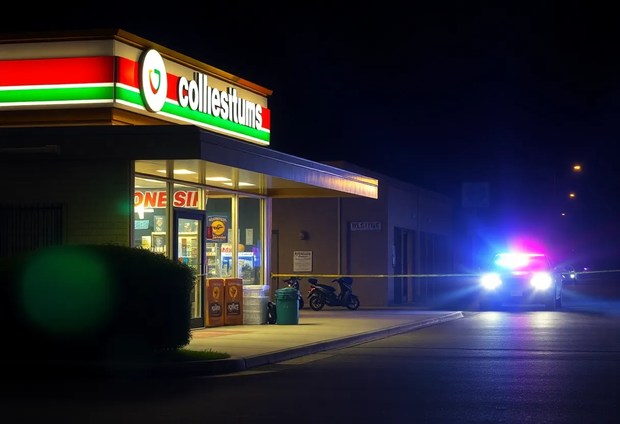 Police lights illuminating a Bluffton convenience store after an armed robbery