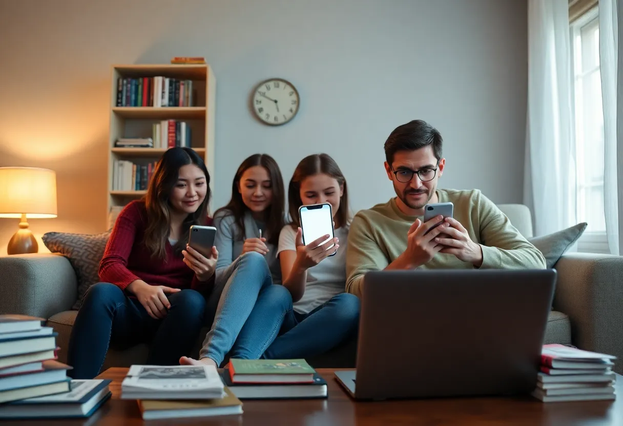 Frustrated family looking at mobile app