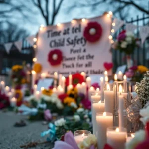 Memorial for child safety with candles and flowers