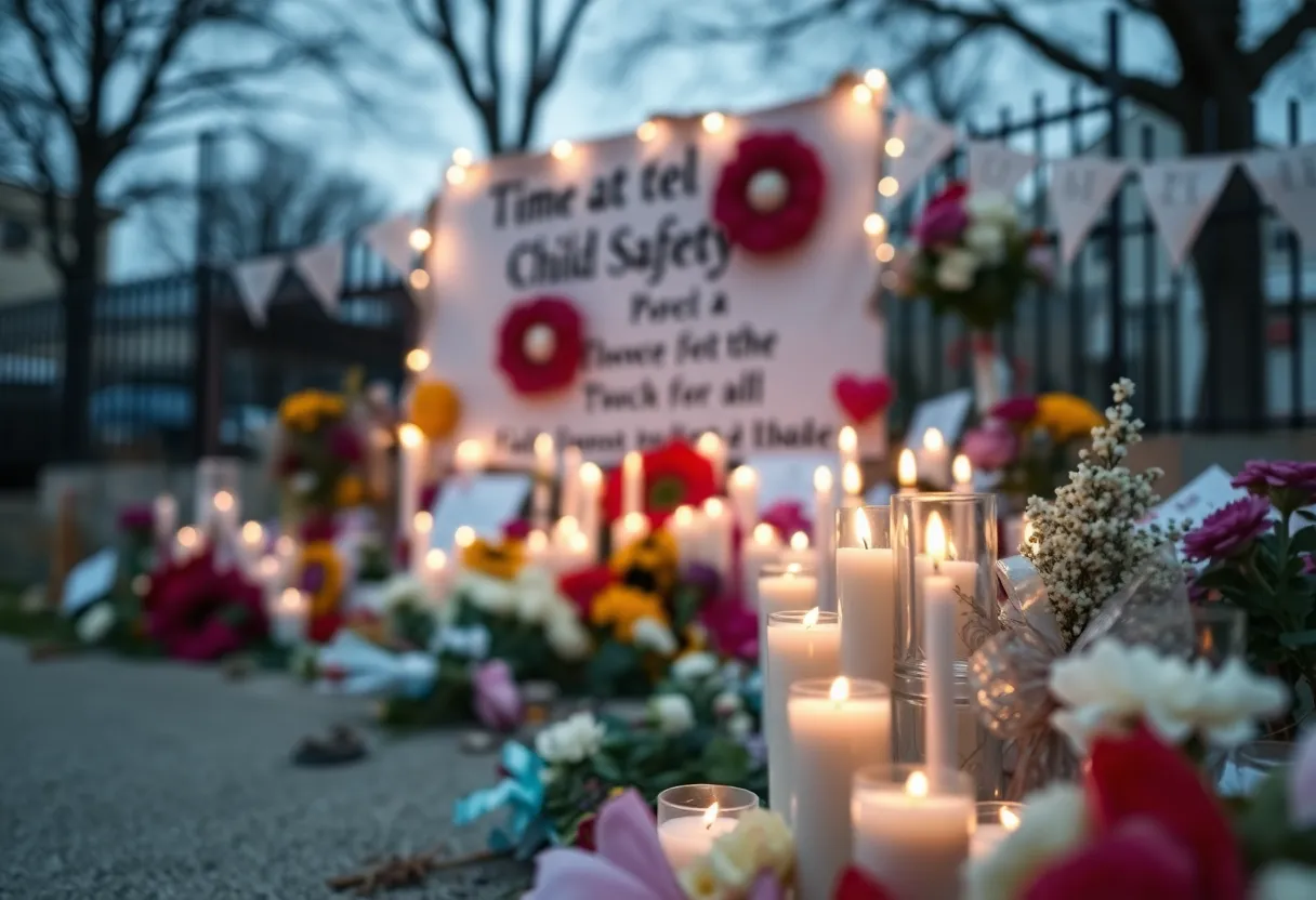 Memorial for child safety with candles and flowers