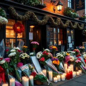 Memorial with flowers and candles outside a bar representing community support