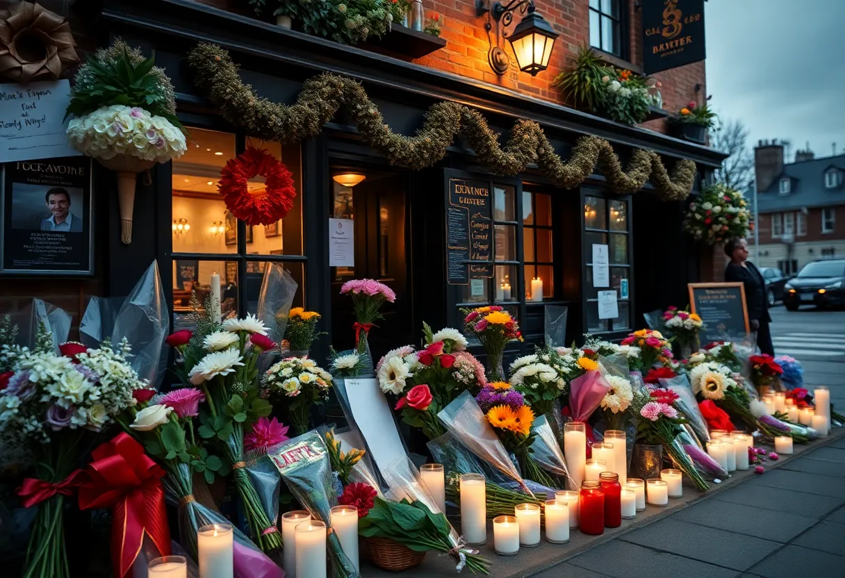 Memorial with flowers and candles outside a bar representing community support