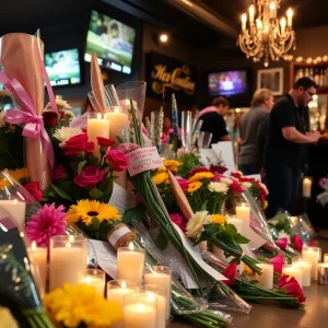 Memorial at Willie’s Bar and Grill with flowers and candles
