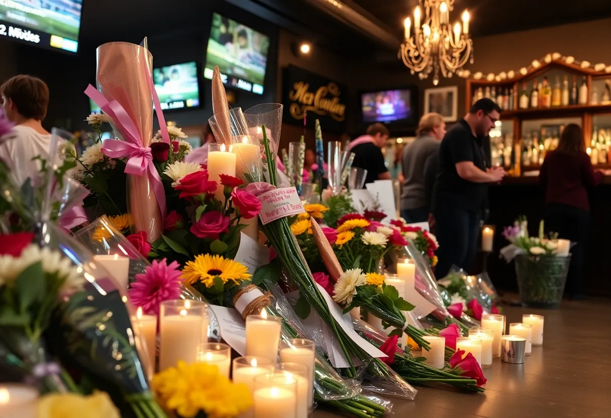 Memorial at Willie’s Bar and Grill with flowers and candles
