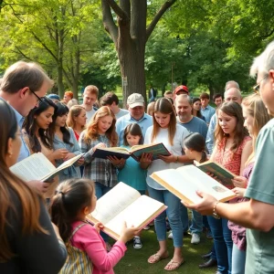 Participants at a community reading event in a park.