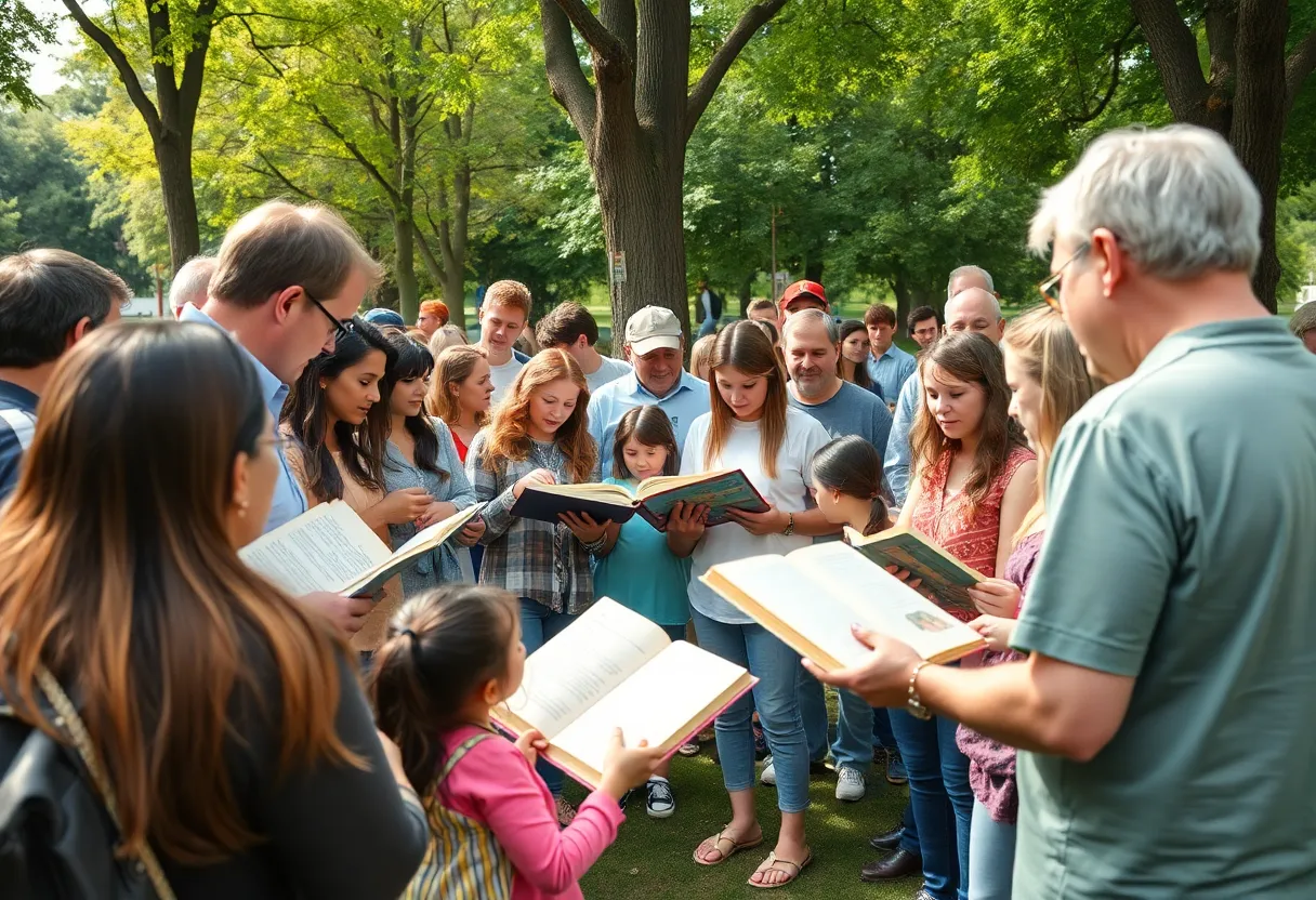 Participants at a community reading event in a park.