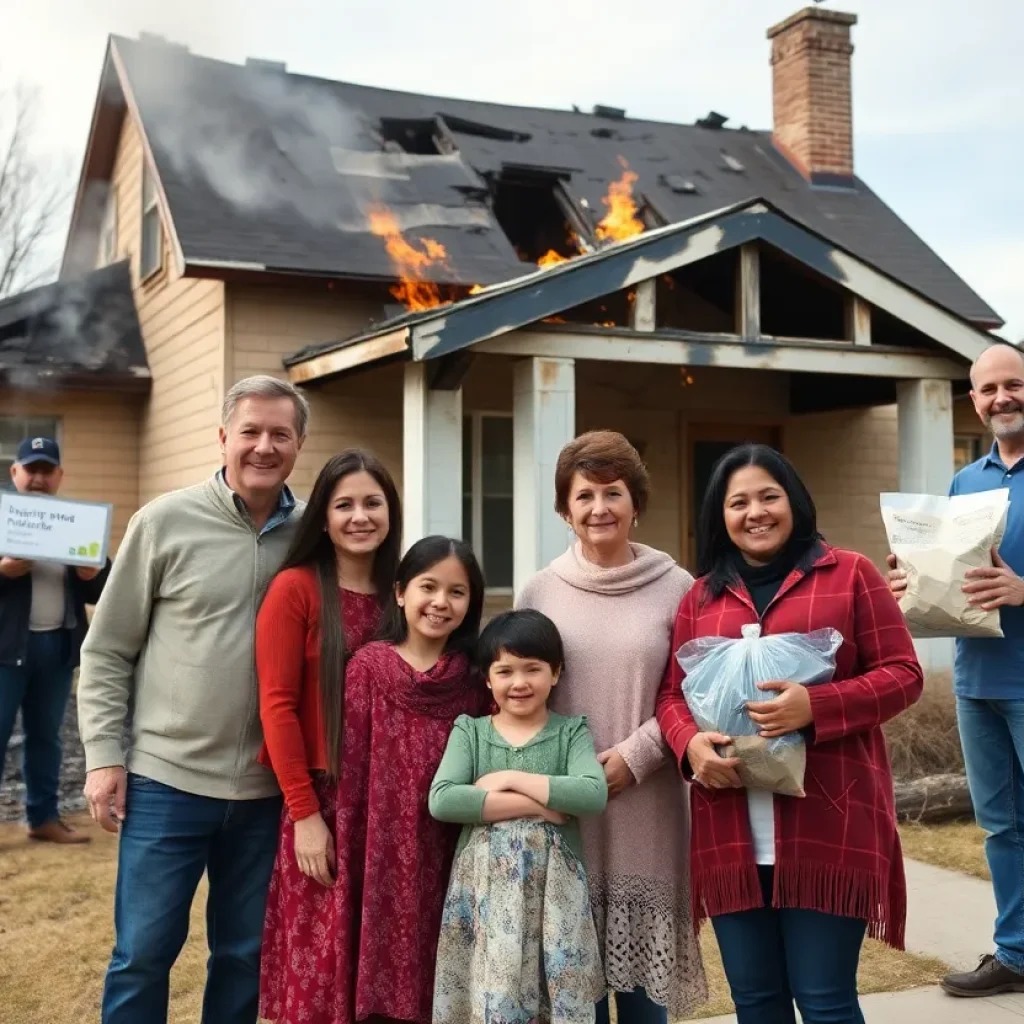 Community members assisting a family affected by a house fire