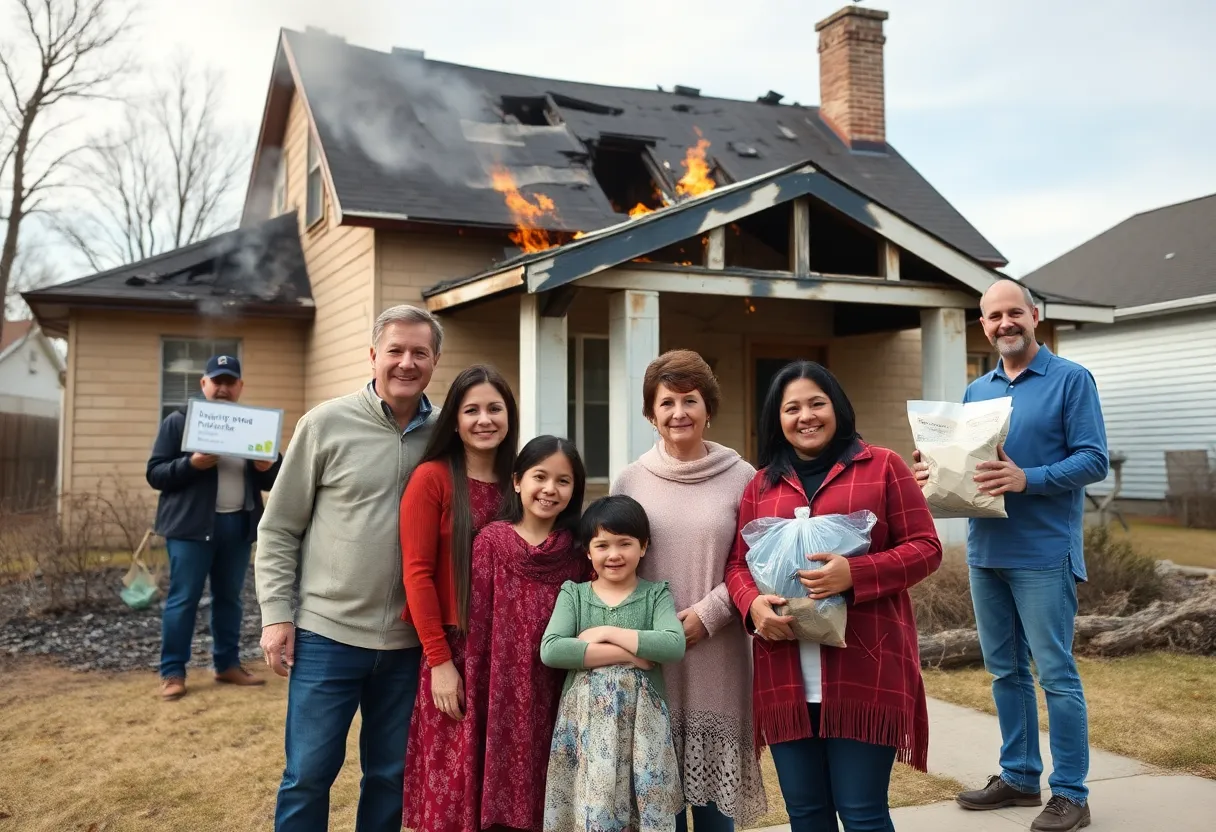 Community members assisting a family affected by a house fire