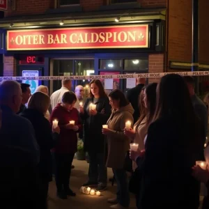 Community members holding a vigil outside Willie's Bar and Grill following the tragic shooting incident.