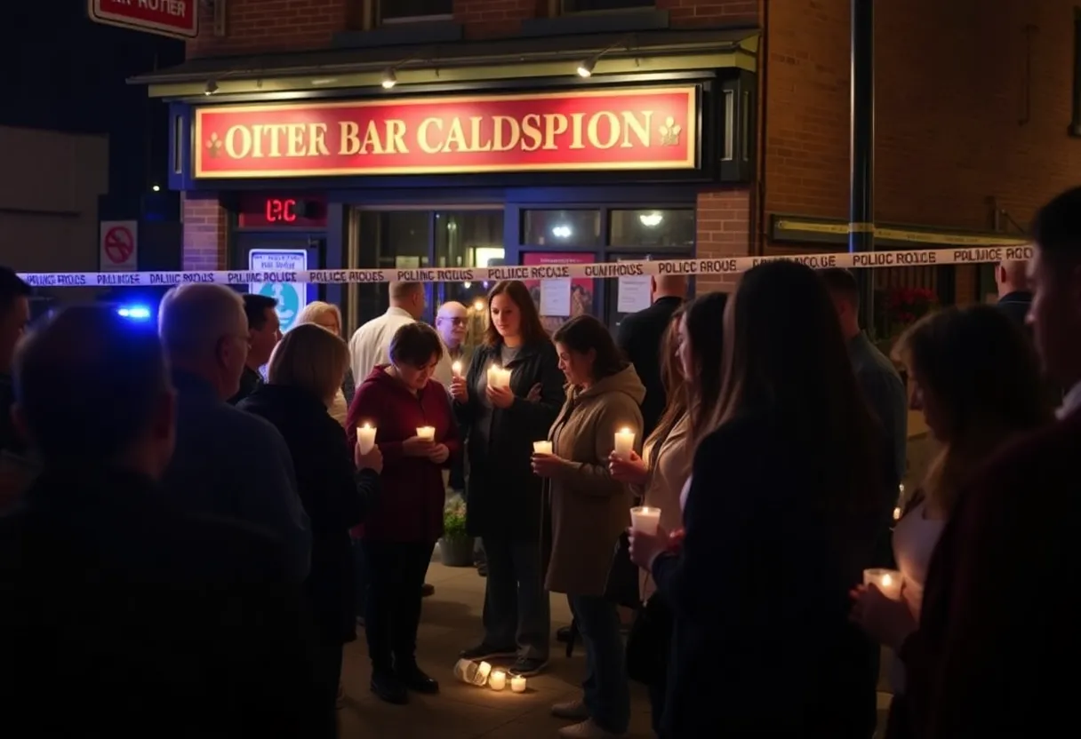 Community members holding a vigil outside Willie's Bar and Grill following the tragic shooting incident.