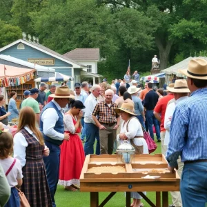 Scene from the Fort Fremont Harvest Festival showing period games and food stalls