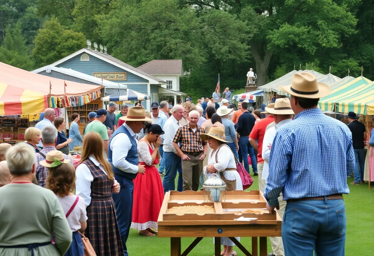 Scene from the Fort Fremont Harvest Festival showing period games and food stalls