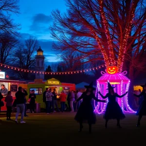 A lively festival scene with performers dancing in costumes and families enjoying the event.