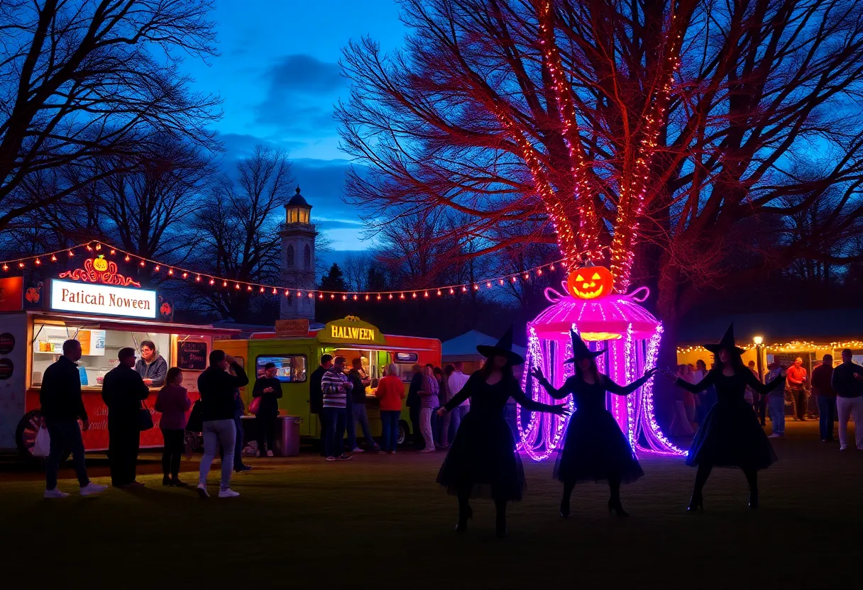 A lively festival scene with performers dancing in costumes and families enjoying the event.