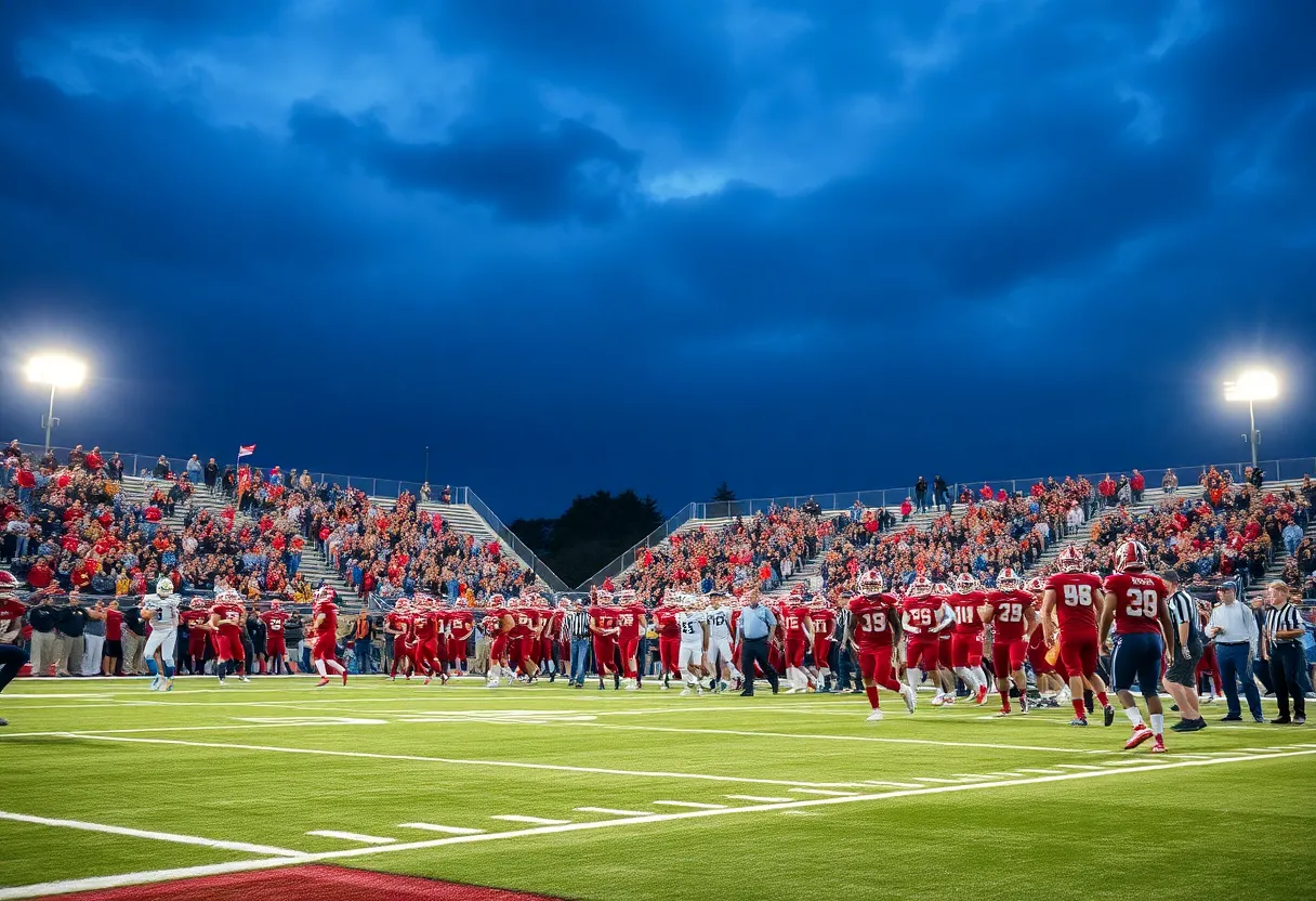 Players in action on a high school football field at night