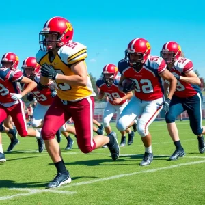 A group of high school football players competing in a game