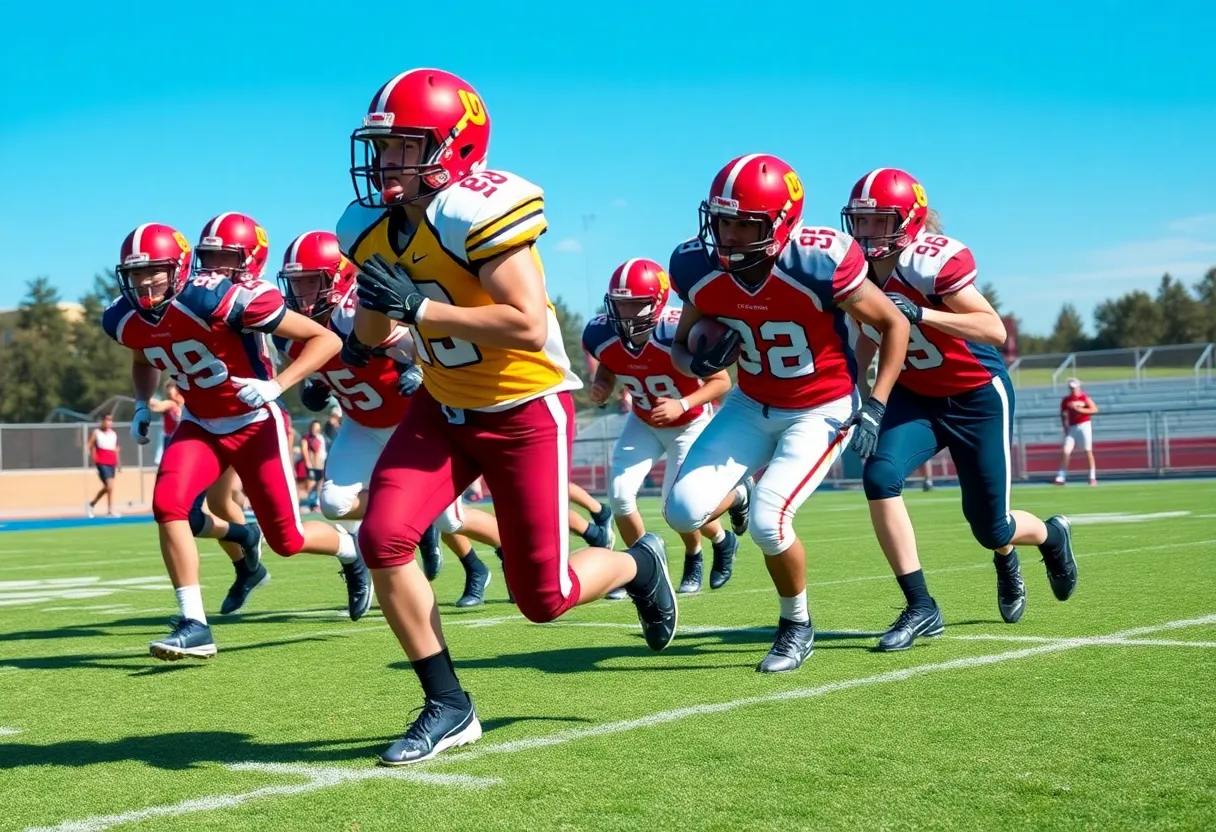 A group of high school football players competing in a game