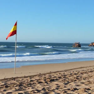 High tide and rough surf on Hilton Head beach with warning flags
