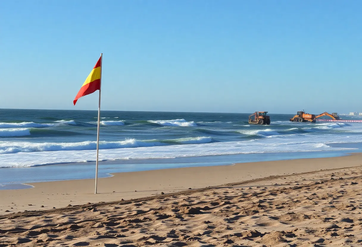 High tide and rough surf on Hilton Head beach with warning flags