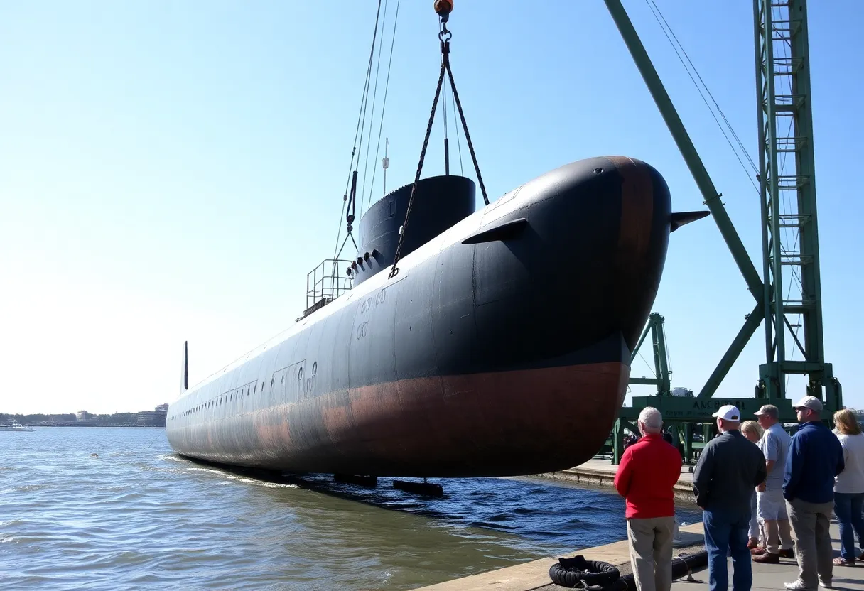 Recovery of the H.L. Hunley submarine by a crane in Charleston