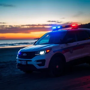 Law enforcement vehicle at Hilton Head Island during sunset
