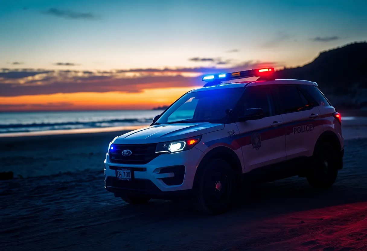 Law enforcement vehicle at Hilton Head Island during sunset