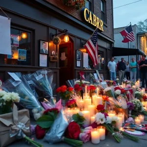Memorial outside Willie's Bar and Grill with candles and flowers
