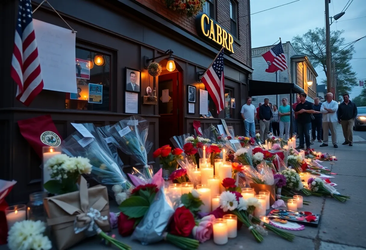 Memorial outside Willie's Bar and Grill with candles and flowers