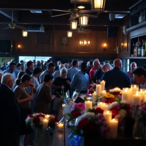 Memorial with flowers, candles, and balloons outside Willie’s Bar and Grill