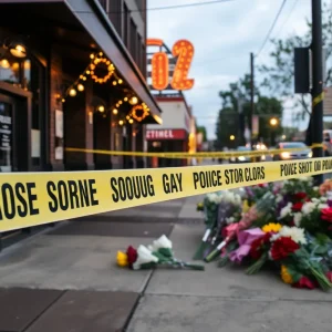 Scene of a mass shooting with police presence and memorial flowers
